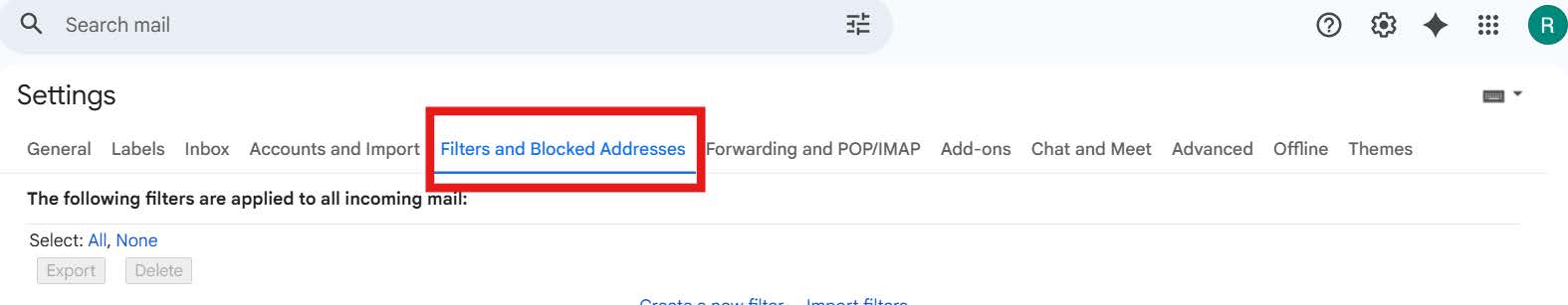 Gmail Settings page with the ‘Filters and Blocked Addresses’ tab highlighted.