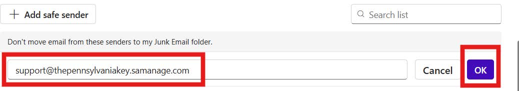 Safe sender input box with an email address highlighted and the ‘OK’ button emphasized.