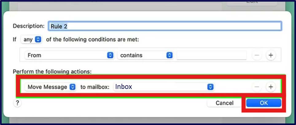 Rule creation window with the ‘Move Message to Inbox’ action highlighted and the OK button emphasized.