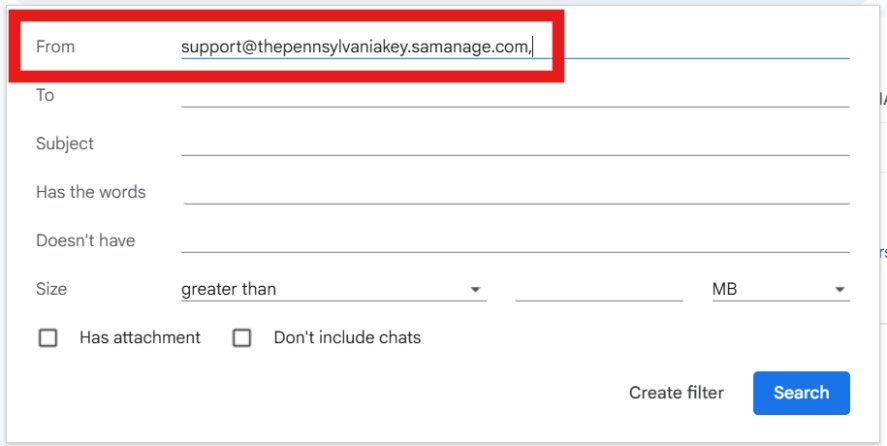 Gmail filter creation window with the email address highlighted in the ‘From’ field.
