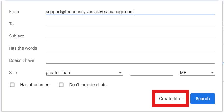 Gmail filter setup screen showing the ‘From’ field populated with an email address and the ‘Create filter’ button highlighted.