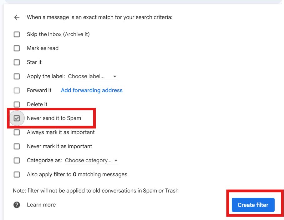 Gmail filter action options with ‘Never send it to Spam’ checked and the ‘Create filter’ button highlighted.