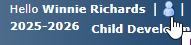User interface header showing the greeting ‘Hello Winnie Richards’ with a clickable profile icon.