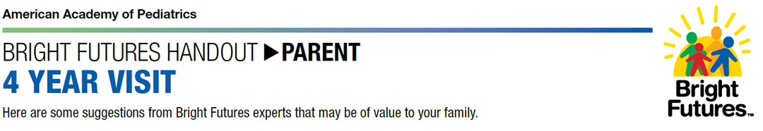 Header of an American Academy of Pediatrics Bright Futures parent handout for a 4‑year visit, with the Bright Futures logo.