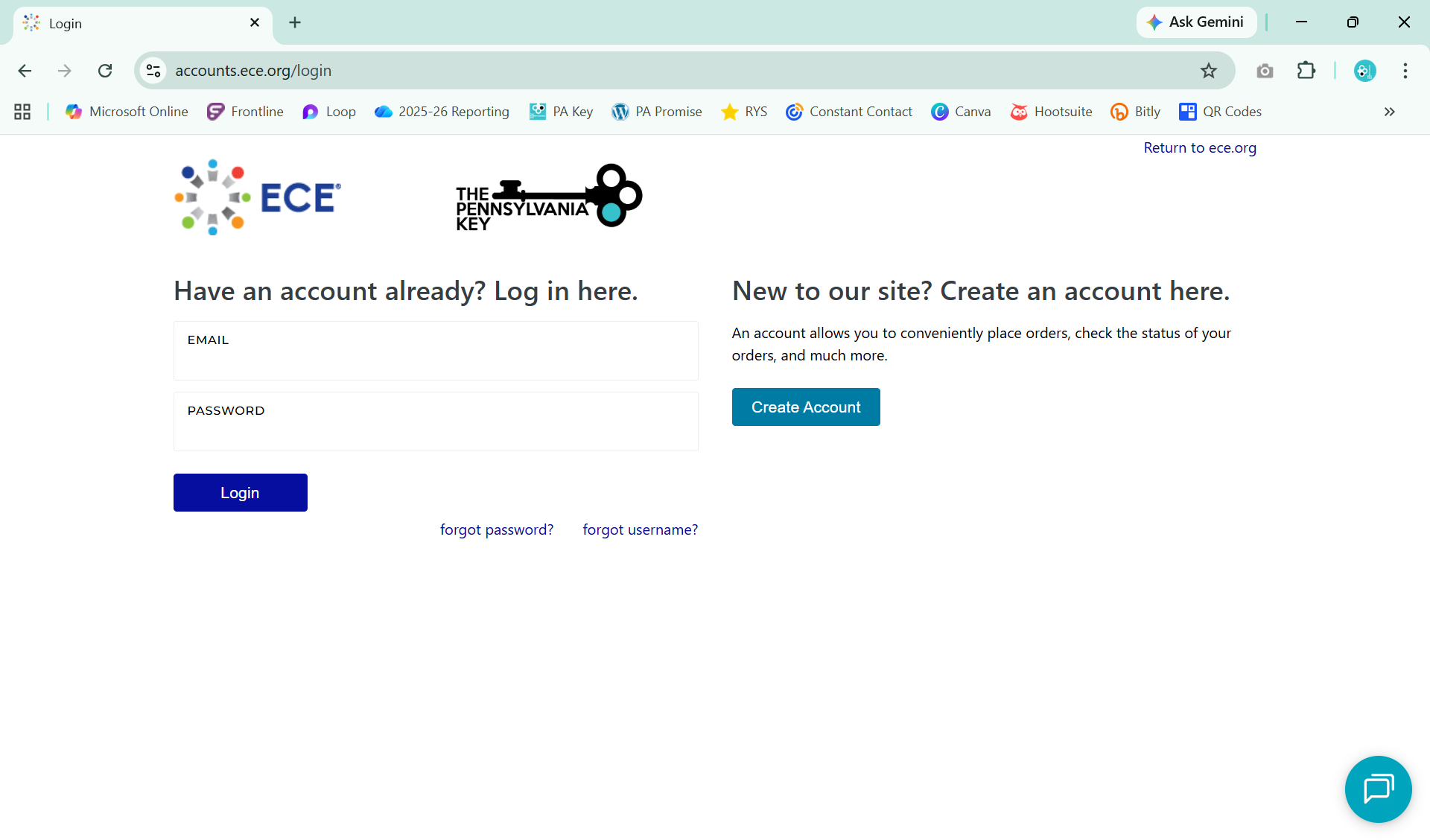 ECE and Pennsylvania Key login page with email and password fields, a Login button, and a Create Account option