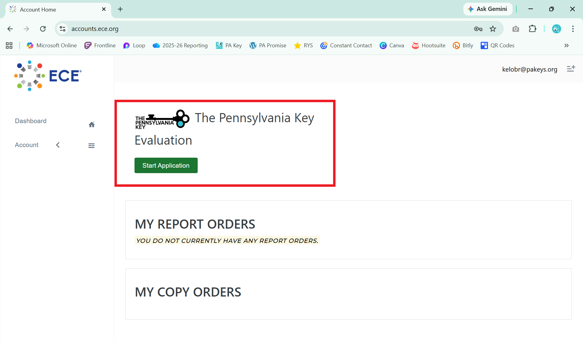 Pennsylvania Key Evaluation section highlighted on the ECE account dashboard with a Start Application button.