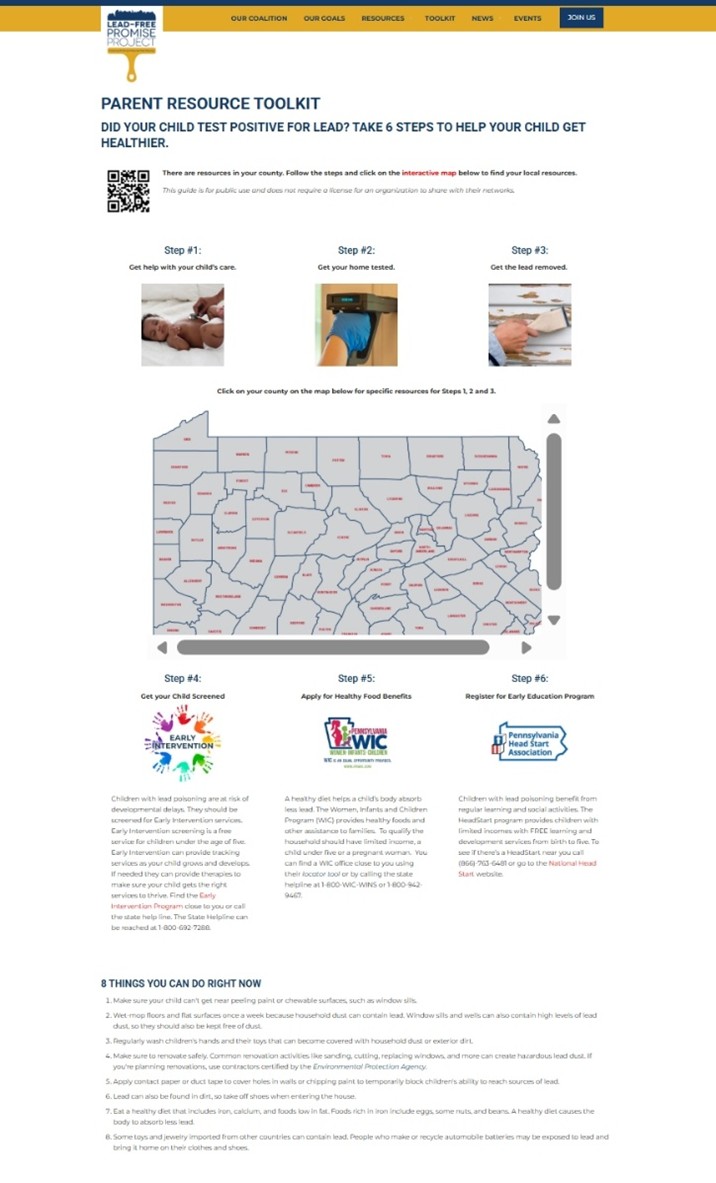 Screenshot of a “Parent Resource Toolkit” webpage from the Lead‑Free Promise Project outlining six steps to help a child who tested positive for lead, with icons, a Pennsylvania county map, and links to screening, benefits, and early education resources.