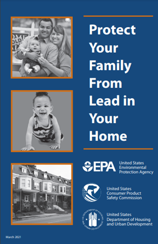 Cover of a “Protect Your Family From Lead in Your Home” brochure featuring photos of children and a family, an image of residential row houses, and logos of the U.S. Environmental Protection Agency, Consumer Product Safety Commission, and Department of Housing and Urban Development.