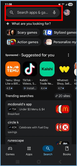 Google Play Store search screen with the ‘Search apps & games’ bar highlighted at the top.