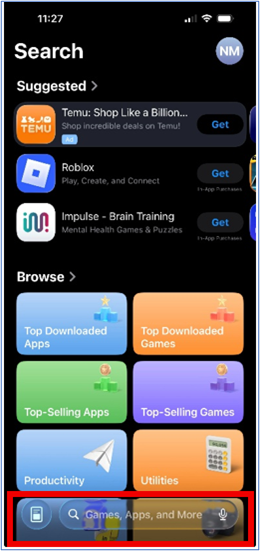 App Store search page showing app suggestions and a bottom search bar labeled ‘Games, Apps, and More.’