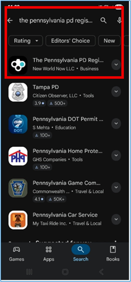 Google Play search results showing ‘The Pennsylvania PD Registry’ app listed at the top among related apps.
