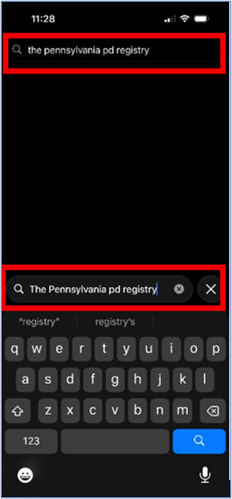 Mobile search screen with ‘the pennsylvania pd registry’ typed in the search field.