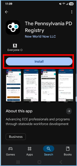 Google Play app page for ‘The Pennsylvania PD Registry’ with the ‘Install’ button highlighted and app preview screenshots below.