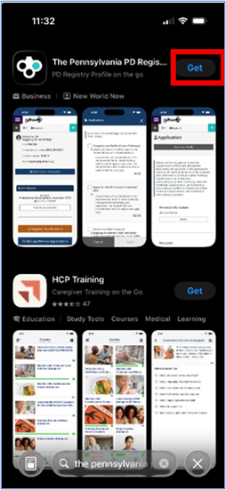 App Store search results showing ‘The Pennsylvania PD Registry’ app with a ‘Get’ button and preview screenshots.