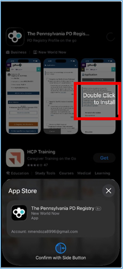 App Store purchase confirmation screen for ‘The Pennsylvania PD Registry’ app with ‘Double Click to Install’ prompt and side button confirmation instruction.