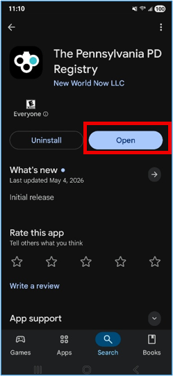 Google Play app page for ‘The Pennsylvania PD Registry’ showing ‘Uninstall’ and highlighted ‘Open’ button after installation.