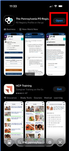 App Store listing for ‘The Pennsylvania PD Registry’ app showing the ‘Open’ button after installation.