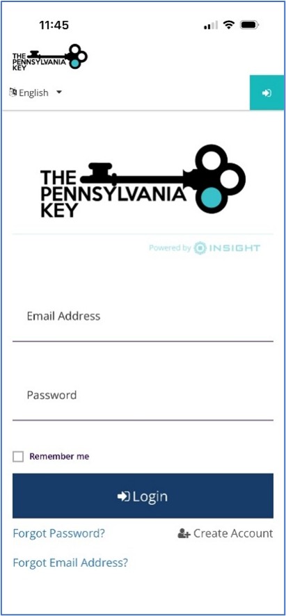 Login screen for the Pennsylvania PD Registry app showing email and password fields, ‘Remember me’ checkbox, and login button with account recovery links.