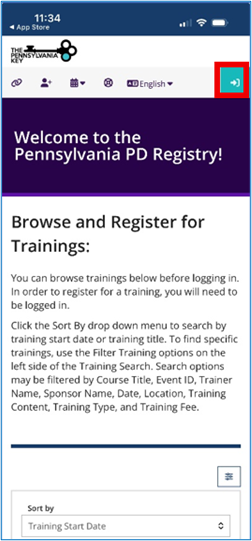 Pennsylvania PD Registry app home screen displaying welcome message, training information, and a sign-in icon in the top corner.