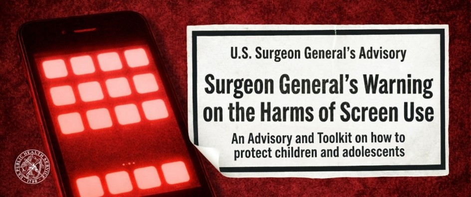 Poster-style image showing a smartphone with a red glowing screen next to a notice reading “U.S. Surgeon General’s Advisory: Surgeon General’s Warning on the Harms of Screen Use… protect children and adolescents.”