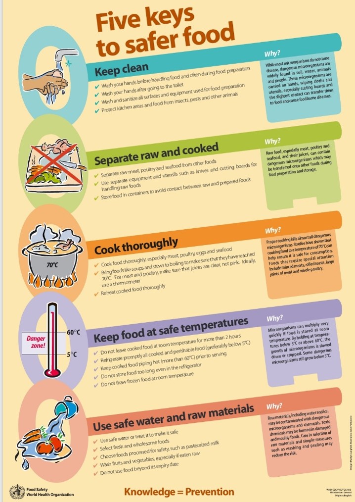 World Health Organization infographic outlining five keys to safer food: keep clean, separate raw and cooked foods, cook thoroughly, keep food at safe temperatures, and use safe water and raw materials.