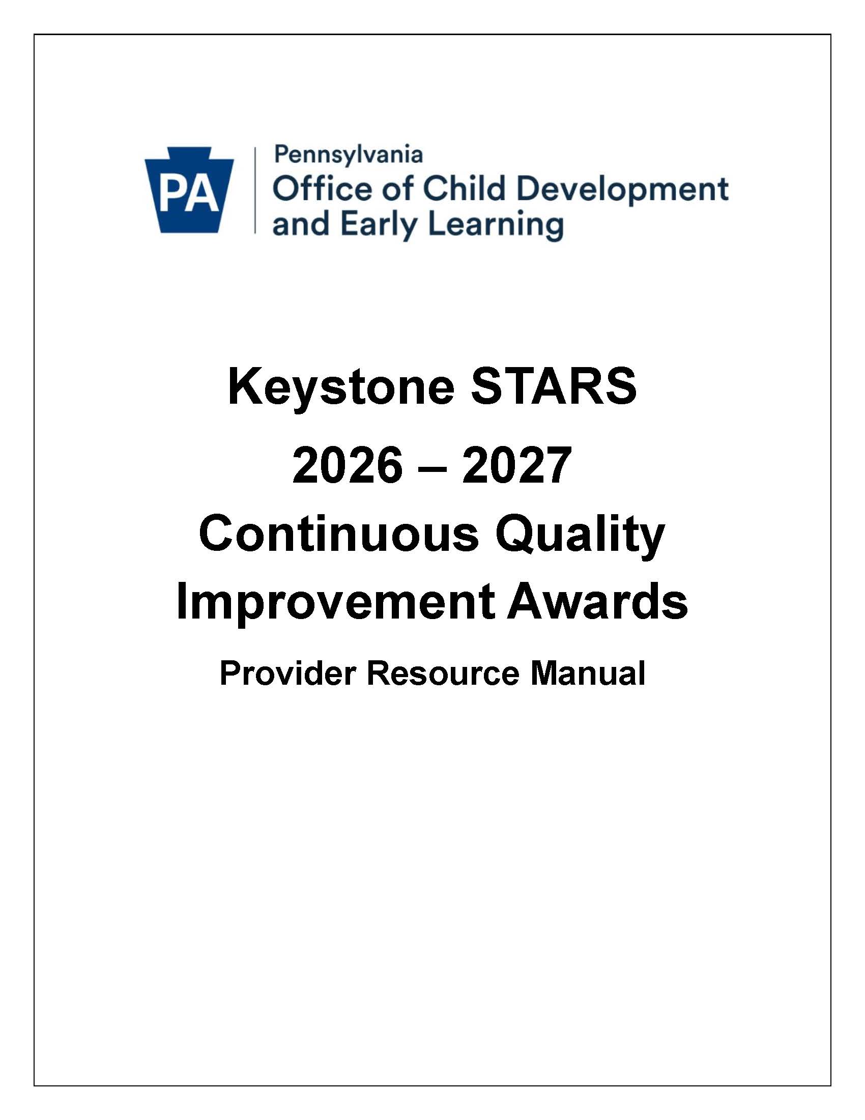 Keystone STARS 2026-2027 Continuous Quality Improvement Awards Provider Resource Manual cover from the Pennsylvania Office of Child Development and Early Learning.