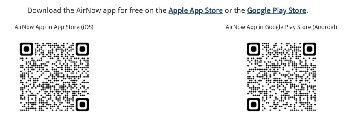 QR codes for downloading the AirNow app from the Apple App Store (iOS) and Google Play Store (Android).