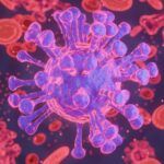 Illustration of virus particles among red blood cells.