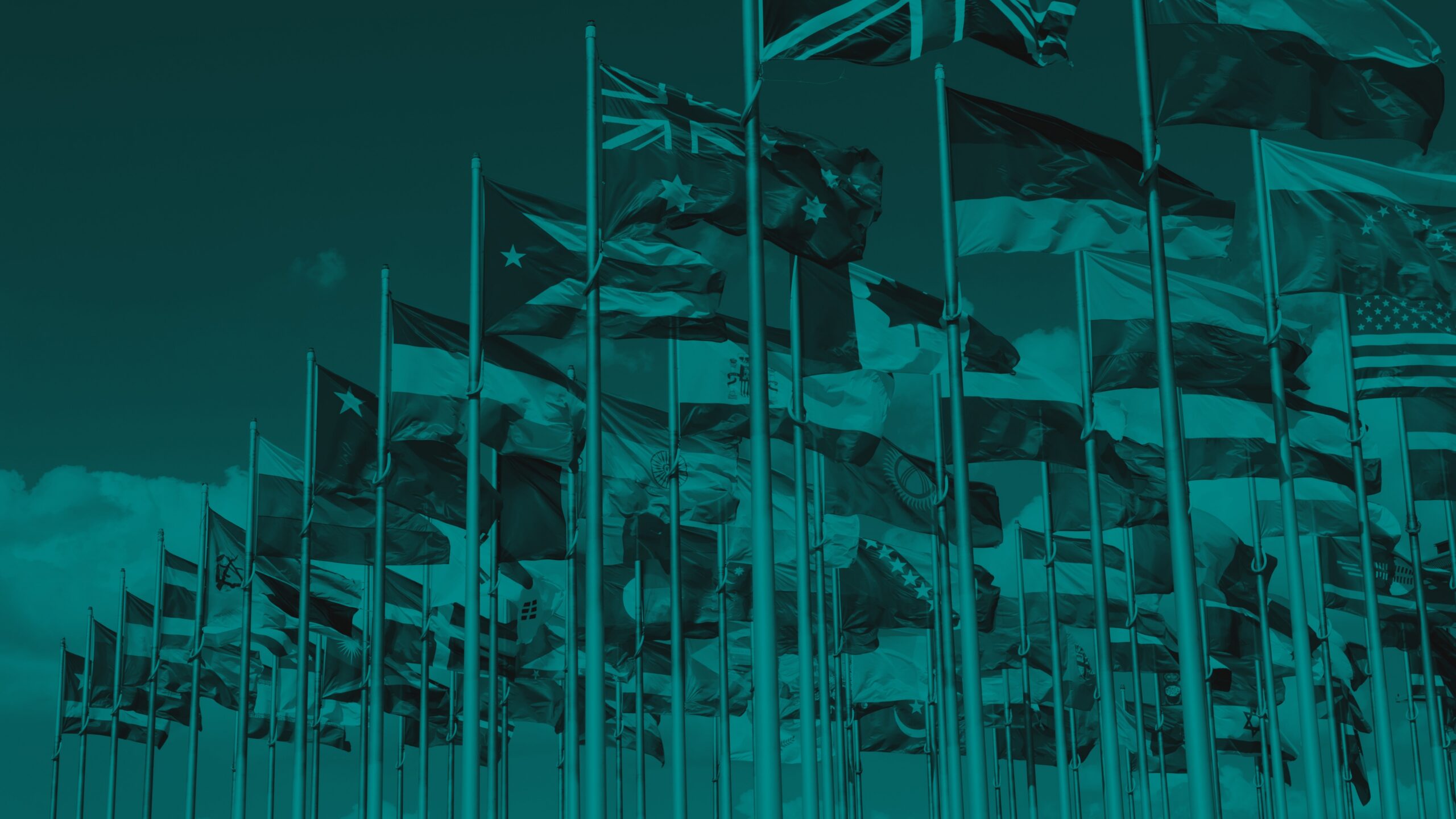 International flags flying on flagpoles.